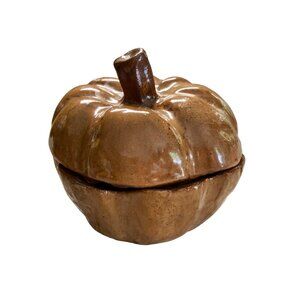 Rustic Brown Ceramic Pumpkin Dish Lidded Bowl Fall Harvest Cottagecore Decor